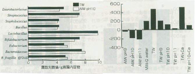 图３　摄取碱性离子水时的盲肠内细菌数 图４　各种水的氧化还原电位